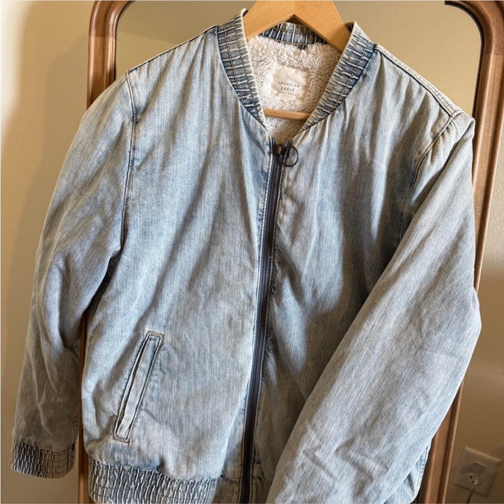 American Eagle Outfitters Blue Denim Jacket with Sherpa Lining